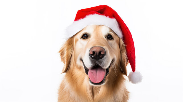 Cool looking golden retriever dog wearing santa hat isolated on white background.
