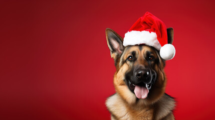 Cool looking german shepherd dog wearing santa hat isolated on red background. - obrazy, fototapety, plakaty