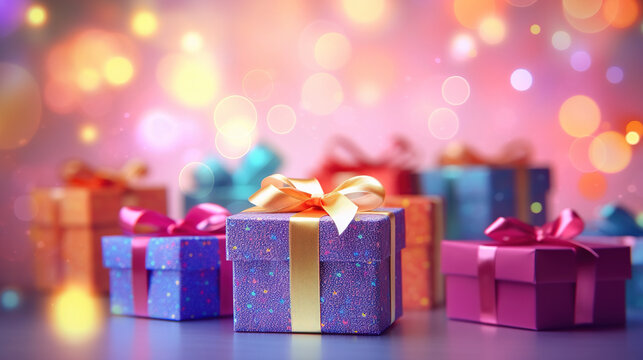 Beautiful colorful gift boxes with ribbon bow with blurred bokeh background.