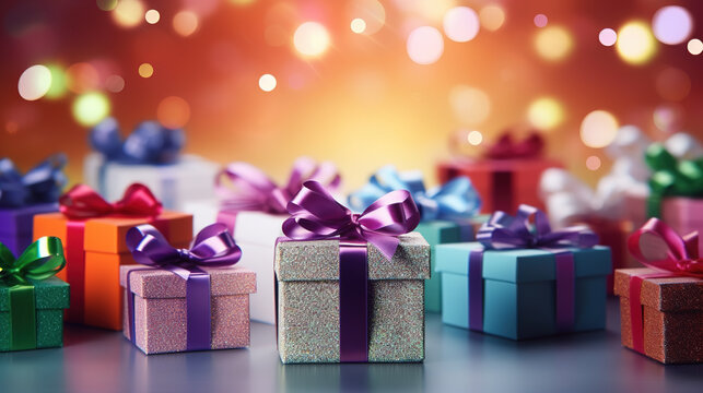 Beautiful colorful gift boxes with ribbon bow with blurred bokeh background.
