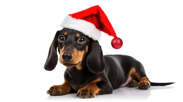Cool looking dachshund dog wearing santa hat isolated on white background.