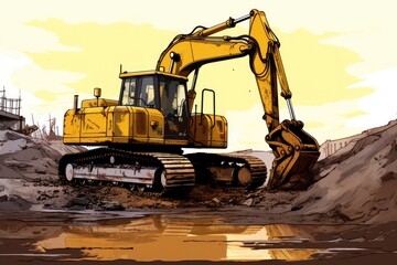 Backhoe Digging with Hydraulic Mover and Dredger Bucket - Action and Building Activity with Bulldozer Close By