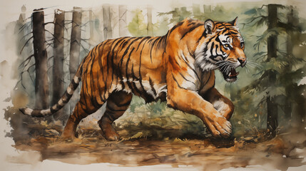 A big tiger is running in the forest. It was drawn with watercolors.