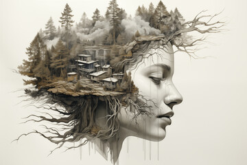 Double exposure image of a young woman and a village living with nature.
