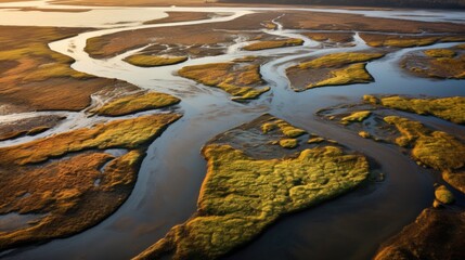 Aerial View of Sunset at Sears Point Tidal Wetland Restoration in California, US. Achieving Calmness through Wetland Restoration