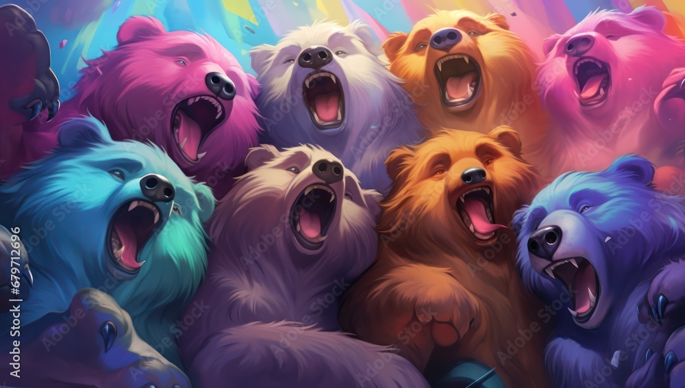 Poster a group of bears with their mouths open in front of a background of rainbow colored clouds and a rai