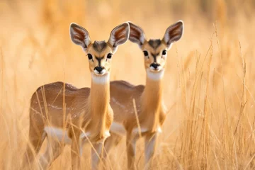 Poster Adorable Steenbok Antelopes Walking Together in African Savanna Land with Curiosity in their Alert Eyes © AIGen