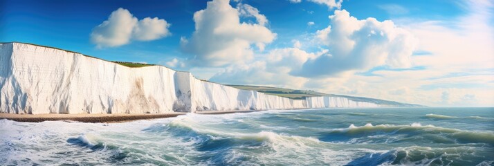 Beauty of Cliffs of Dover: Aerial View of Grooved White Chalk Cliffs and Blue Coastline with Clouds on Beach of East Sussex, Britain - obrazy, fototapety, plakaty