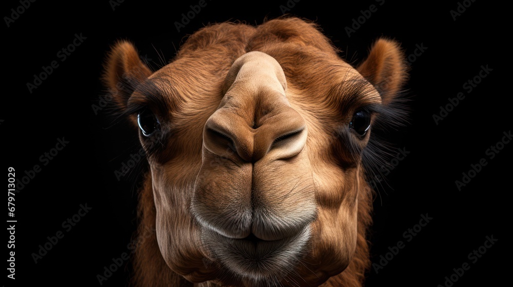 Poster a close up of a camel's face with it's mouth open and it's eyes wide open.