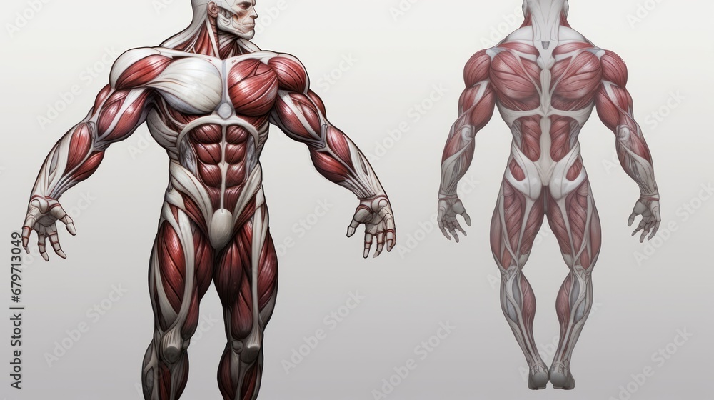 Poster an image of a man's muscles and muscles in a 3d rendering style, including the upper half of the bod