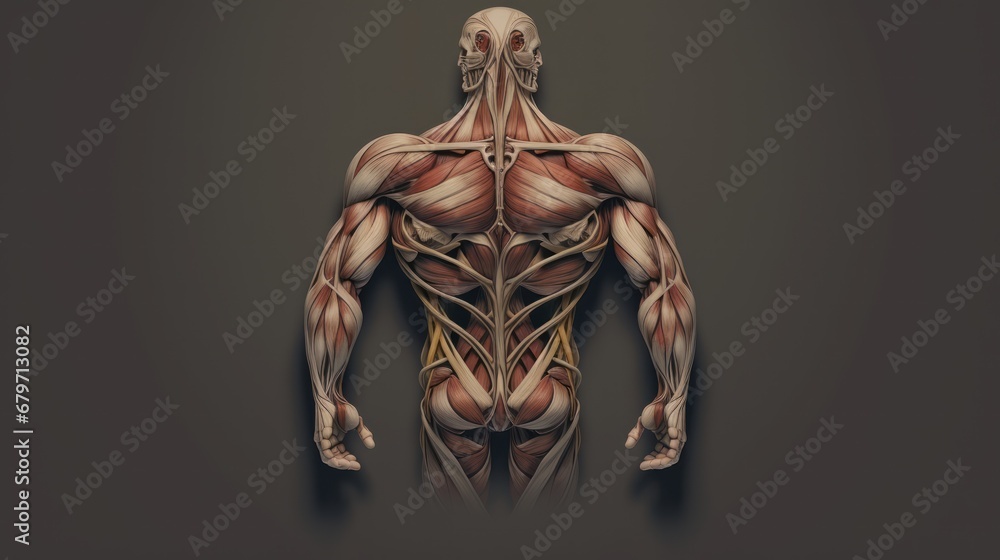 Poster an image of a man's muscles in the shape of a man's head and torso, with the muscles highlighted.