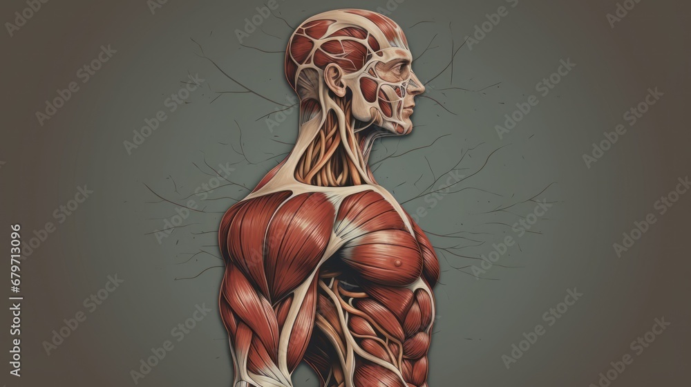 Poster  a drawing of the back of a man's body with muscles highlighted in the upper half of the body.