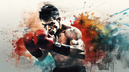 Cool looking boxer punching in mixed grunge colors style illustration. - obrazy, fototapety, plakaty