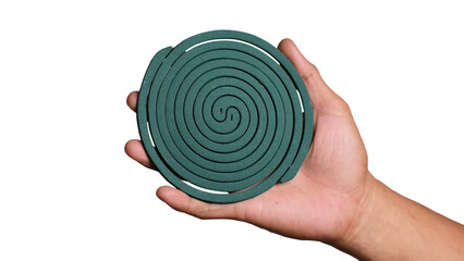 Spiral green mosquito repellent, human hand holding mosquito coil - obrazy, fototapety, plakaty