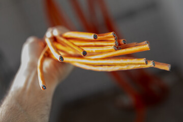 Fiber optic cable prepared for connection.