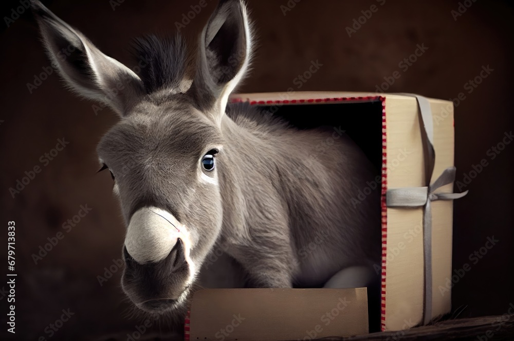 Poster curious donkey peeking out of a mysterious box generative ai