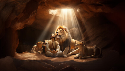 Daniel in the Lions Den - In the Midst of Danger - Daniel Prayerful Vigil - The Power of Prayer - Daniels Resilience in the Lions Den - obrazy, fototapety, plakaty