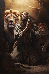 Daniel in the Lions Den - Divine Illumination: Daniels Prayer in the Lions Den - Faith Unleashed - Daniel Surrounded by the Light of Protection - obrazy, fototapety, plakaty
