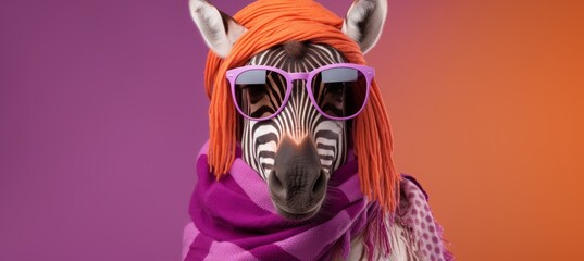 Zebra wearing sunglasses and hat   travel concept with isolated pastel background and copy space