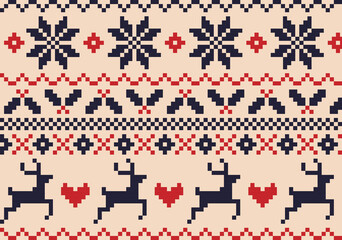 Ugly sweater, motifs de noël en pixel art, coeur, cerf, cadeaux, rouge, pull. - obrazy, fototapety, plakaty