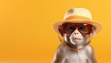 Stylish monkey in sunglasses and hat, travel concept, studio shot with isolated background