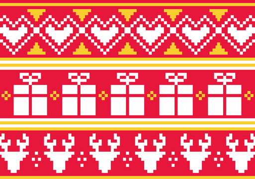 Ugly sweater, motifs de noël en pixel art, coeur, cerf, cadeaux, rouge, pull.