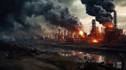 Power plant with smoking chimneys on a background of blue sky. Factories release CO2 into the atmosphere. Concept of carbon trading market. Atmospheric pollution, air pollution concept - obrazy, fototapety, plakaty