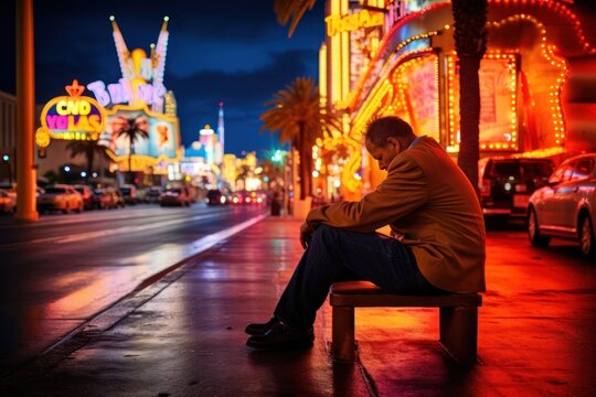 Man depressed from gambling Las Vegas Night life theme Generative AI
