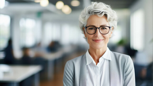 Portrait of mature woman in eyeglasses smiling at camera in office.
