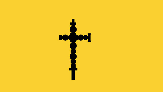 Silhouette drawing showing a wellhead christmas tree with valves and flanges on a yellow background