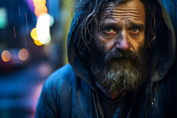 A bearded, elderly homeless man with a poignant gaze, draped in a snow-covered hooded jacket against a blurred city light backdrop.