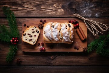 Christmas stollen with raisins and nuts on a wooden background