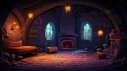 Fantasy scene game background with retro room with fireplace. Aspect ratio 16:9.
