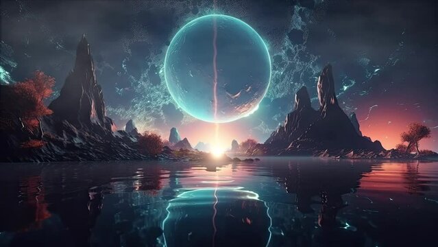 Futuristic fantasy landscape, sci-fi landscape with planet, neon light, cold planet. Galaxy with unknown planet landscape. Dark natural scene with light reflection in water. Neon space galaxy portal.