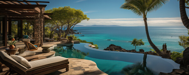 villa espagnole luxueuse avec piscine à débordement et vue sur mer
 - obrazy, fototapety, plakaty