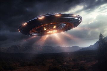 Witness the grandeur of a massive UFO spaceship prepares to gracefully touch down on an alien planet, sparking imagination and wonder. Ai generated