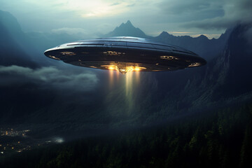 Fototapeta na wymiar Witness the grandeur of a massive UFO spaceship prepares to gracefully touch down on an alien planet, sparking imagination and wonder. Ai generated
