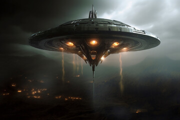 Witness the grandeur of a massive UFO spaceship prepares to gracefully touch down on an alien planet, sparking imagination and wonder. Ai generated