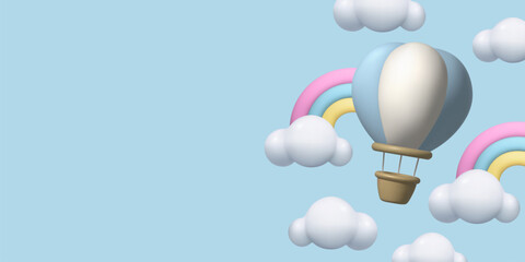 Hot Air Balloon background with 3d rainbows and clouds. Cute baby pastel colored vector illustration. Adventure, travelling concept. Three dimensional realistic clay design elements.