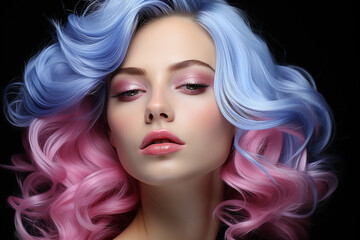 Fototapeta premium Explore the allure of a beautiful woman face adorned with stunning blue and pink hair, an ideal photo for makeup and skincare product promotion. Ai generated