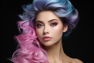 Explore the allure of a beautiful woman face adorned with stunning blue and pink hair, an ideal photo for makeup and skincare product promotion. Ai generated