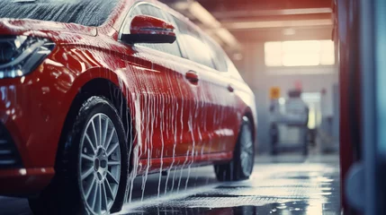 Fotobehang Generative AI, car wash with foam soap, high pressure vehicle washer machine sprays foam, self service © DELstudio