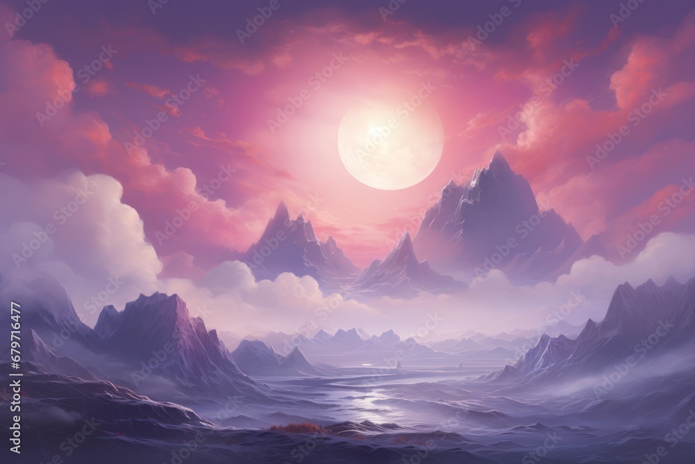 Poster a painting of a mountain range with a full moon in the sky, illuminated by its light and surrounded 