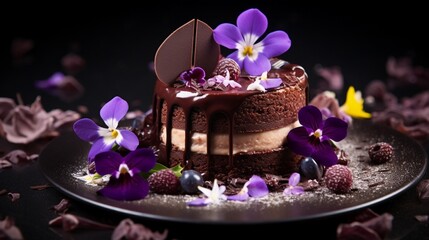 Obraz na płótnie Canvas dessert experience with an image of a decadent chocolate cake, exquisitely crafted with rich ganache and adorned with edible flowers