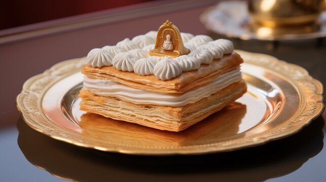senses to a patisserie with an image capturing the delicate layers of a mille-feuille, featuring crisp pastry and velvety custard