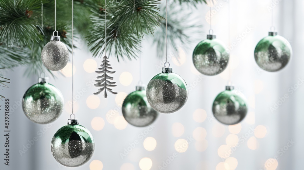 Wall mural  a group of christmas ornaments hanging from a christmas tree with a blurry background of lights and a fir tree.