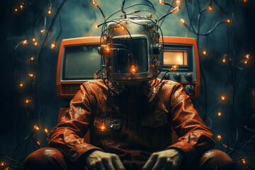 Thought provoking imagery depicting a man wired to electronics and TV, exploring the concept of media brainwashing. Ai generated - obrazy, fototapety, plakaty