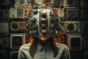 Fototapeta premium Thought provoking imagery depicting a man wired to electronics and TV, exploring the concept of media brainwashing. Ai generated