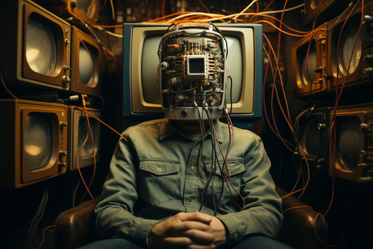Thought provoking imagery depicting a man wired to electronics and TV, exploring the concept of media brainwashing. Ai generated