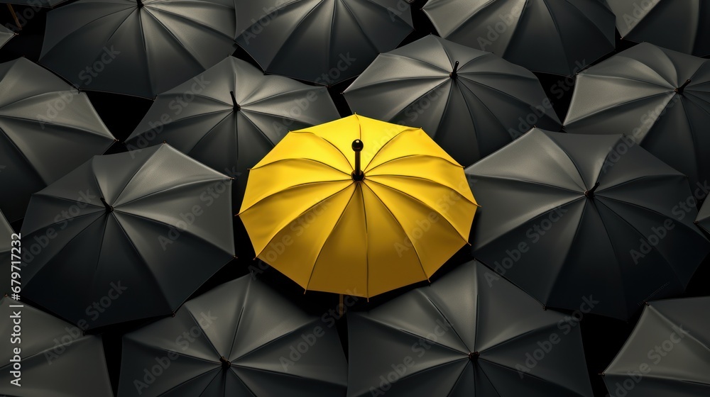 Poster a yellow umbrella is in the middle of a group of black umbrellas that look like they are floating in
